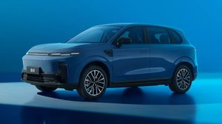 Blue Leapmotor B10 compact SUV front-quarter product shot against a blue gradient studio backdrop with closed-grille front, slim slit headlamps, black mirrors and multi-spoke wheels opening RMB 99 blind preorder for the July 16 2026 launch
