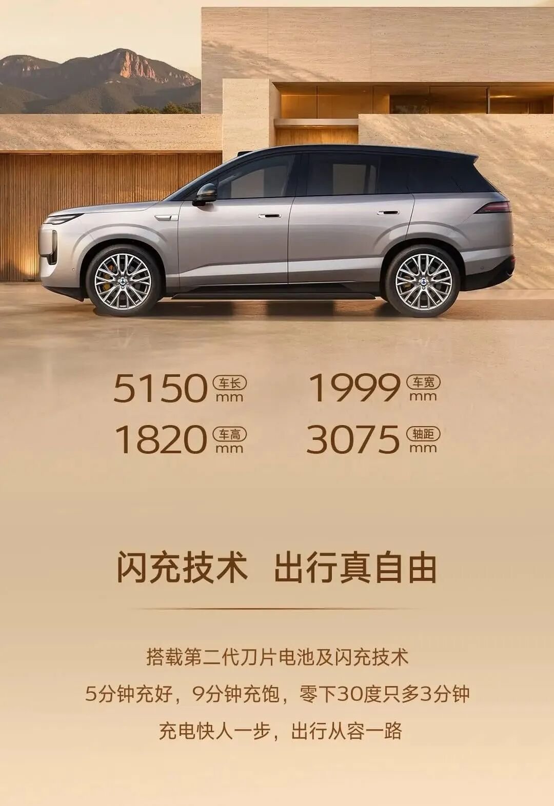 Denza N8 dimensions spec card showing 5,110mm length, 1,999mm width, 1,795mm height and 3,075mm wheelbase