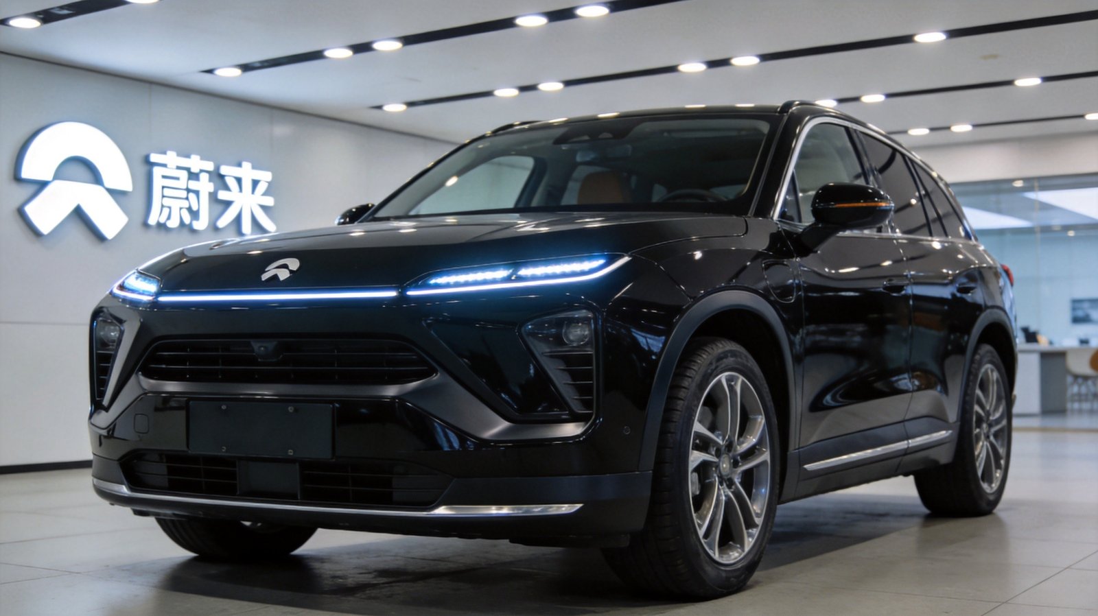 Black NIO ES8 five-seat SUV parked inside a NIO showroom with the shanghai NIO logo behind, front three-quarter view