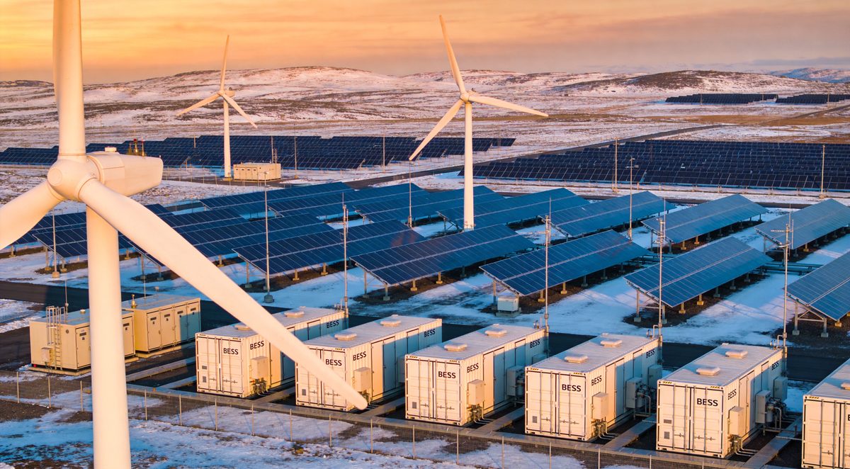 Northern European renewable hybrid site with solar arrays, wind turbines and BESS containers