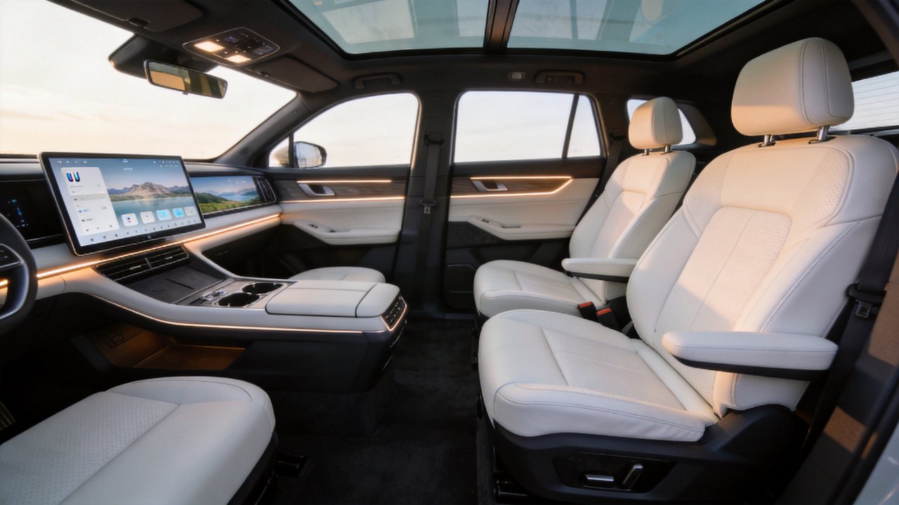 Avatr 07 L cabin with second-row captain chairs, white nappa leather and panoramic glass roof