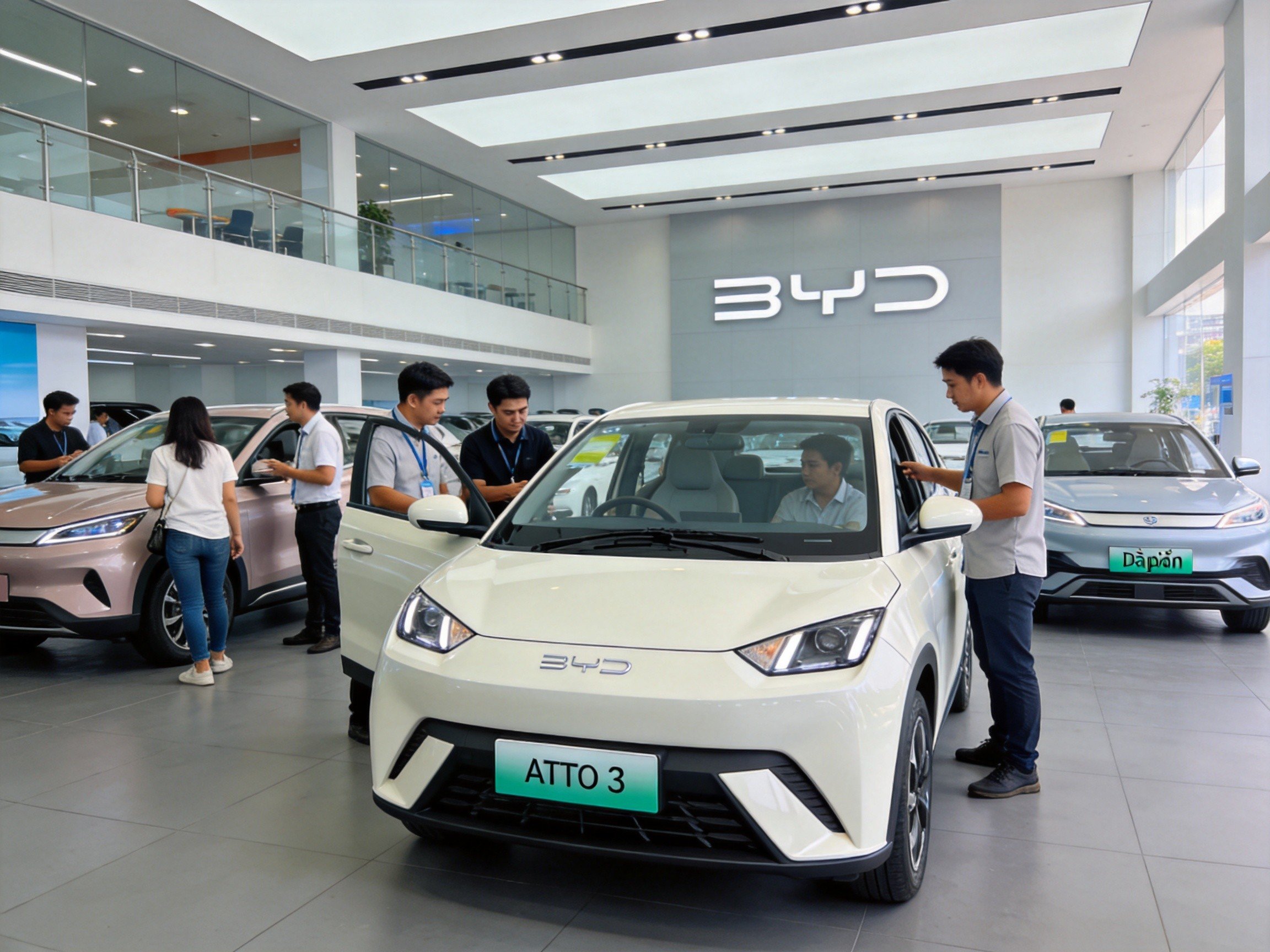 BYD electric vehicle showroom in Thailand with ATTO 3 and Dolphin models