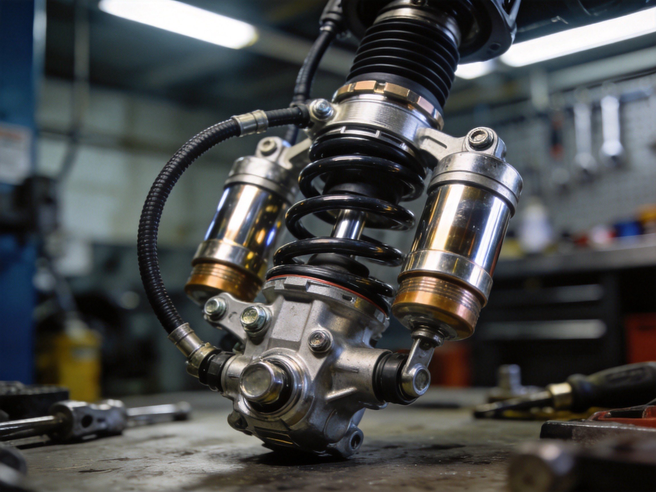Air suspension component close-up in workshop