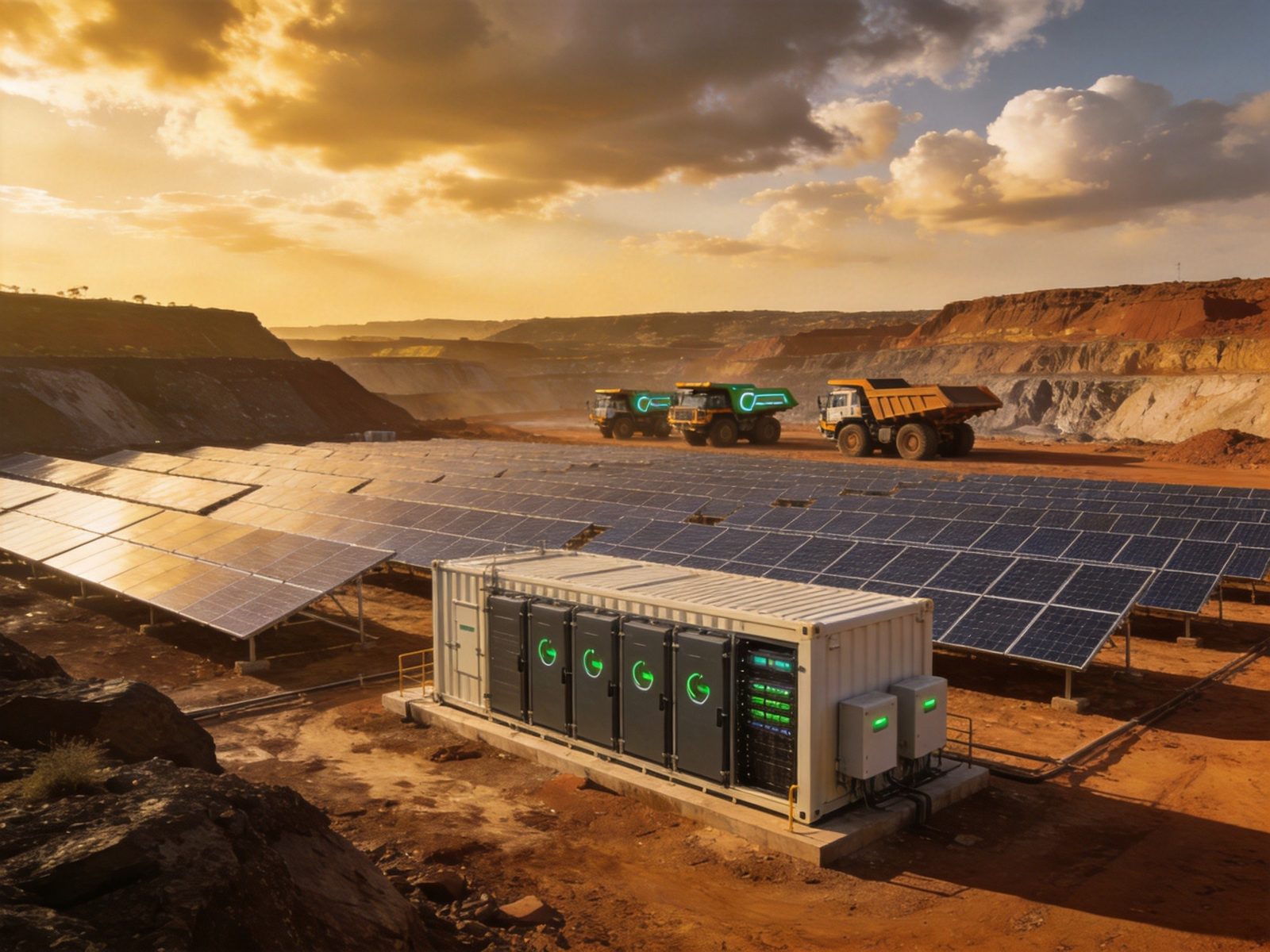 Solar panels and battery storage containers forming a microgrid that powers a Chinese-built electric mining truck fleet in Zambia